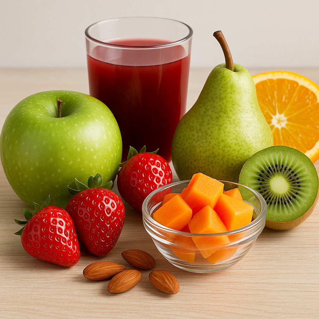Buah segar seperti apel, pir, stroberi, kiwi, dan pepaya untuk penderita diabetes dan obesitas.