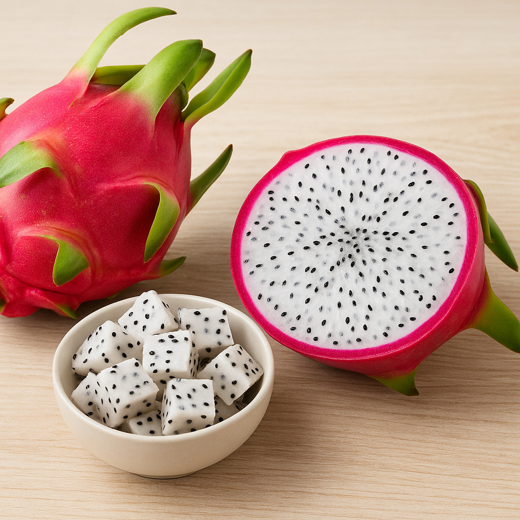 Potongan buah naga putih dan buah utuh di atas meja kayu.