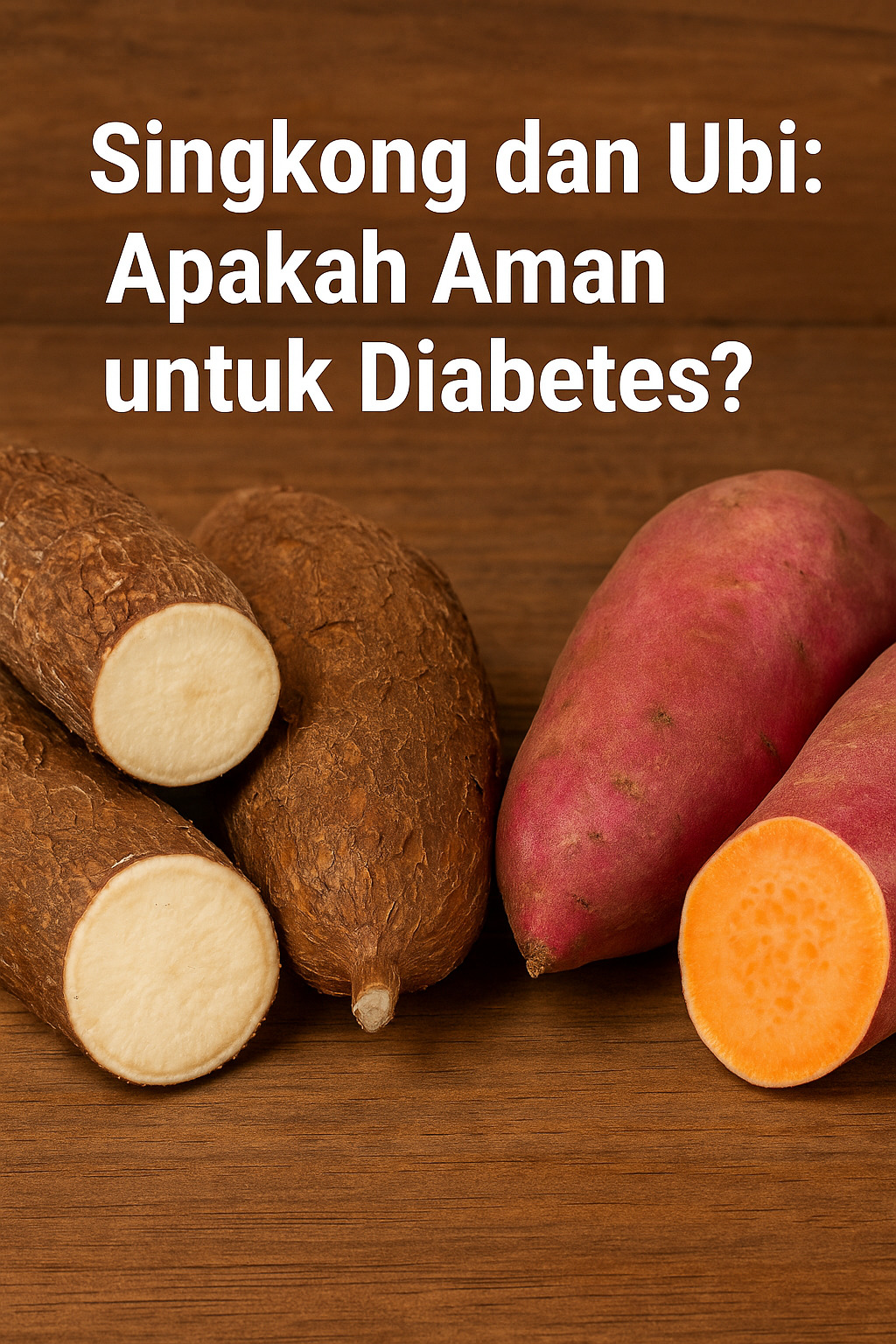Singkong dan ubi jalar segar di atas meja kayu.