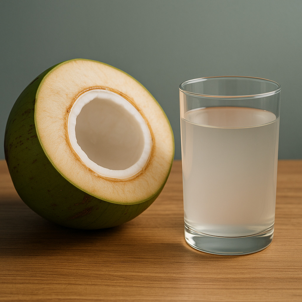 air kelapa segar dalam gelas dan kelapa muda