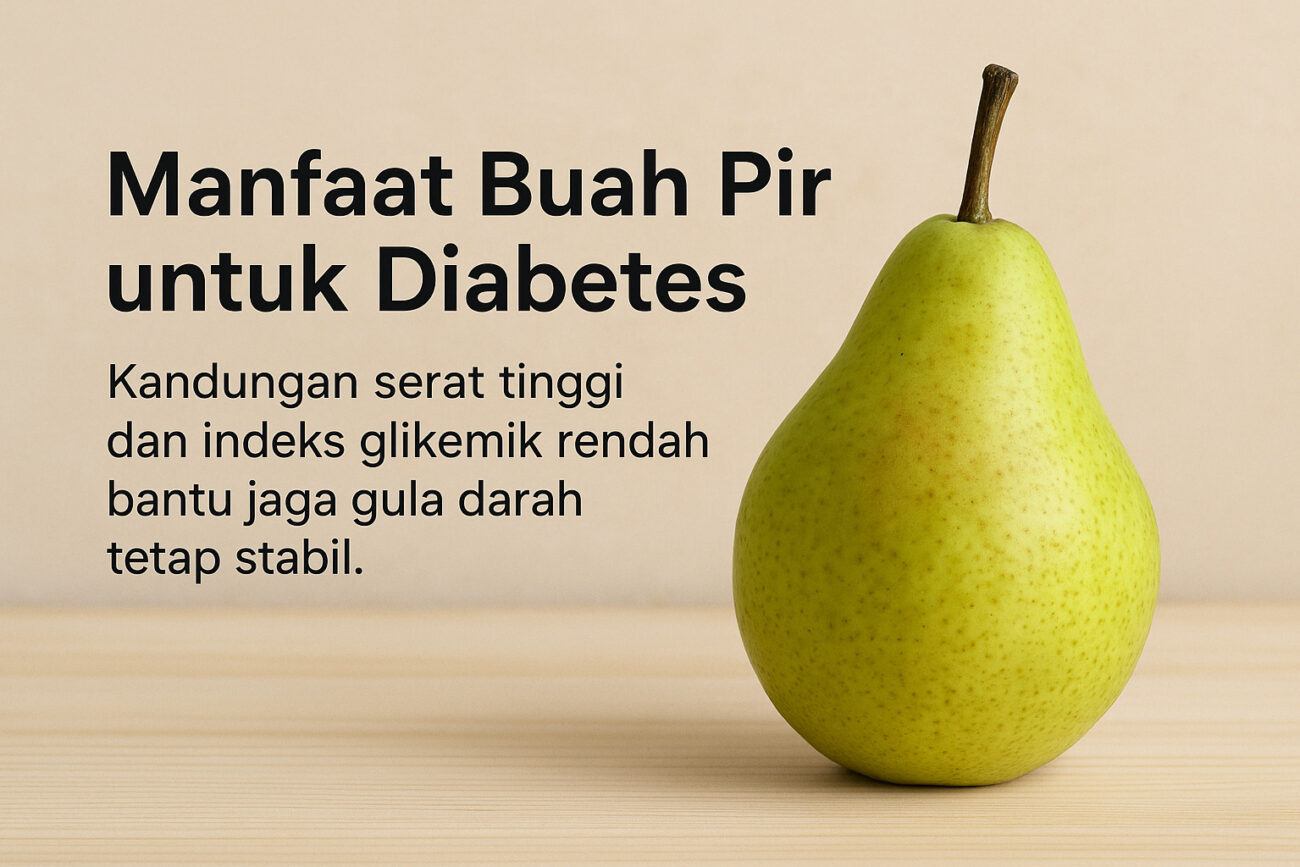 Buah pir segar dengan teks manfaat untuk diabetes.