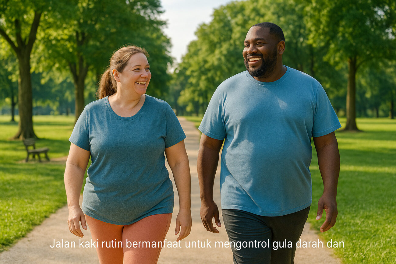 Dua orang obesitas berjalan santai di taman