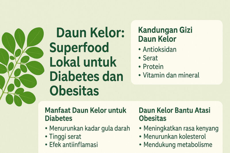 Infografik manfaat daun kelor untuk diabetes dan obesitas.
