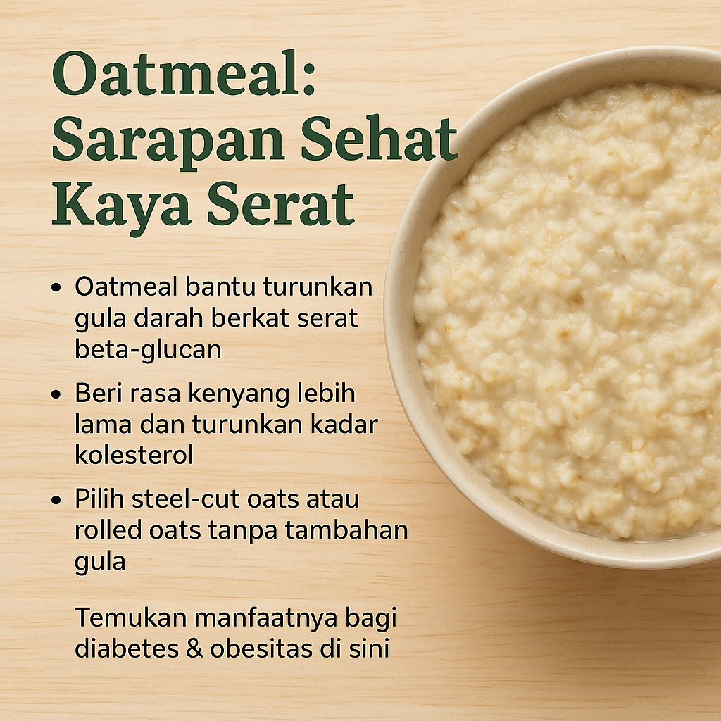 Semangkuk oatmeal polos dengan teks manfaat untuk diabetes dan obesitas.