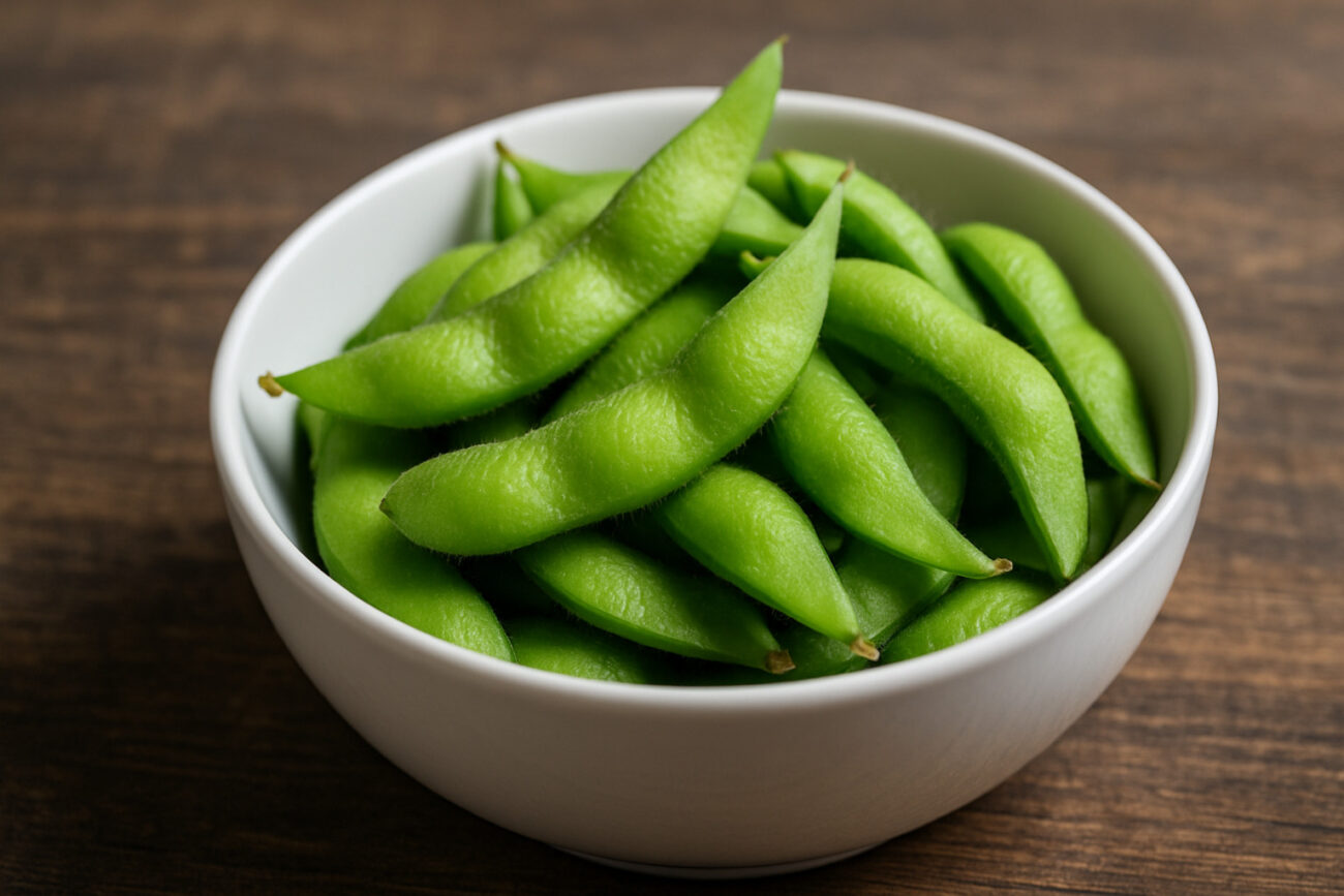 Semangkuk edamame di atas meja kayu.