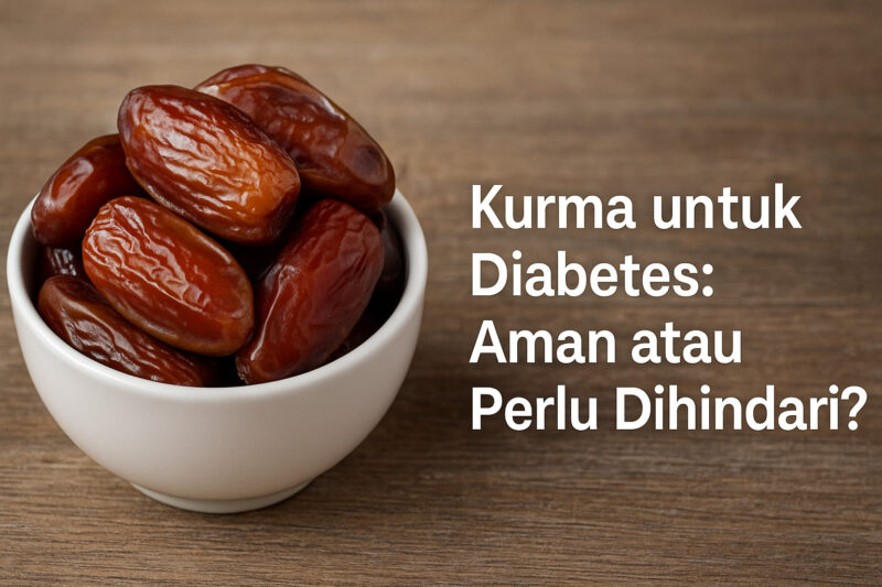 Semangkuk kurma segar di atas meja kayu dengan teks "Kurma untuk Diabetes: Aman atau Perlu Dihindari?" di sampingnya.