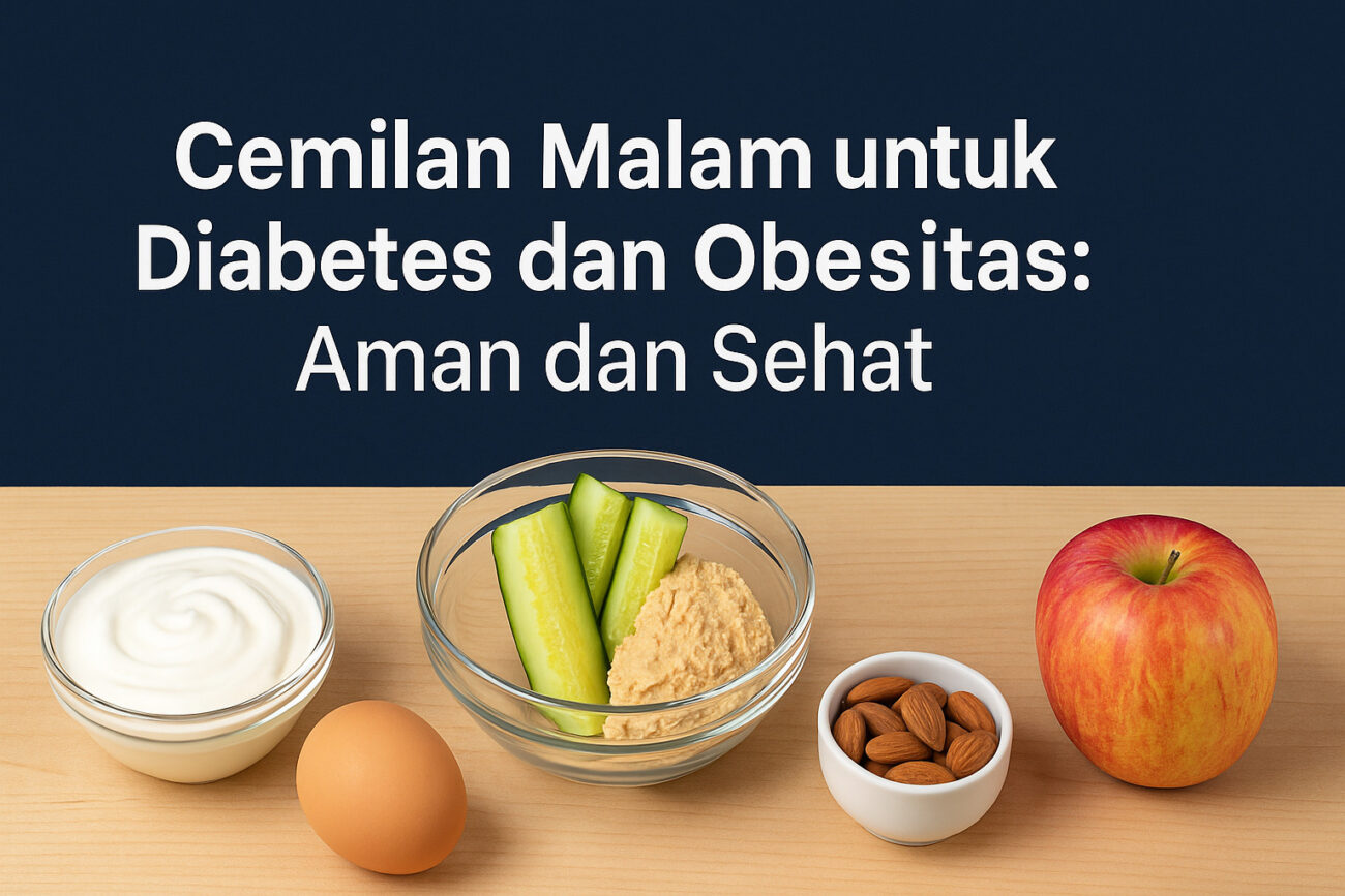 Cemilan malam sehat untuk diabetes: yogurt, telur, timun, hummus, almond, dan apel.