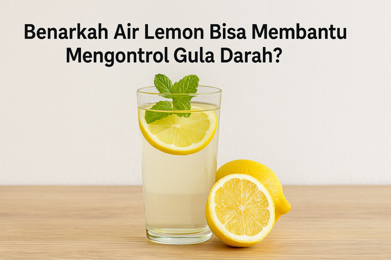 Segelas air lemon dengan irisan lemon dan daun mint di atas meja kayu.