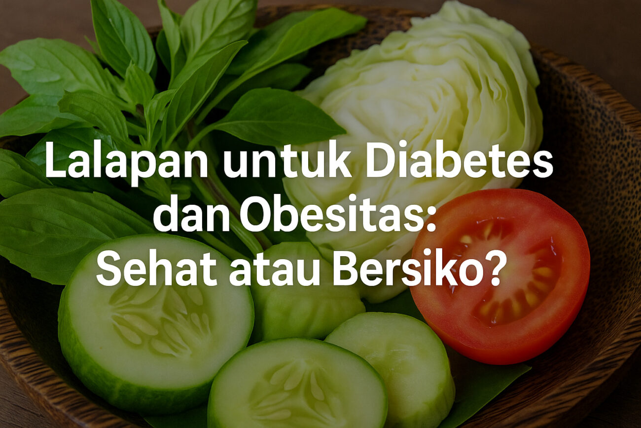 Lalapan segar berisi timun, tomat, selada, dan kemangi di atas piring rotan.