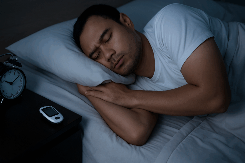 Pria muda tidur dengan tenang di samping alat cek gula darah dan jam alarm.