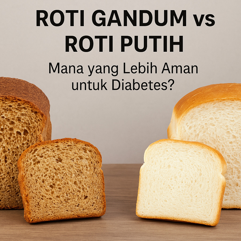 Roti gandum dan roti putih berdampingan di atas meja kayu.