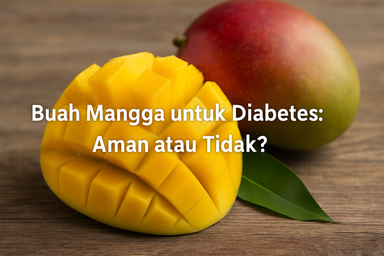Potongan mangga segar dengan latar mangga utuh dan daun hijau.