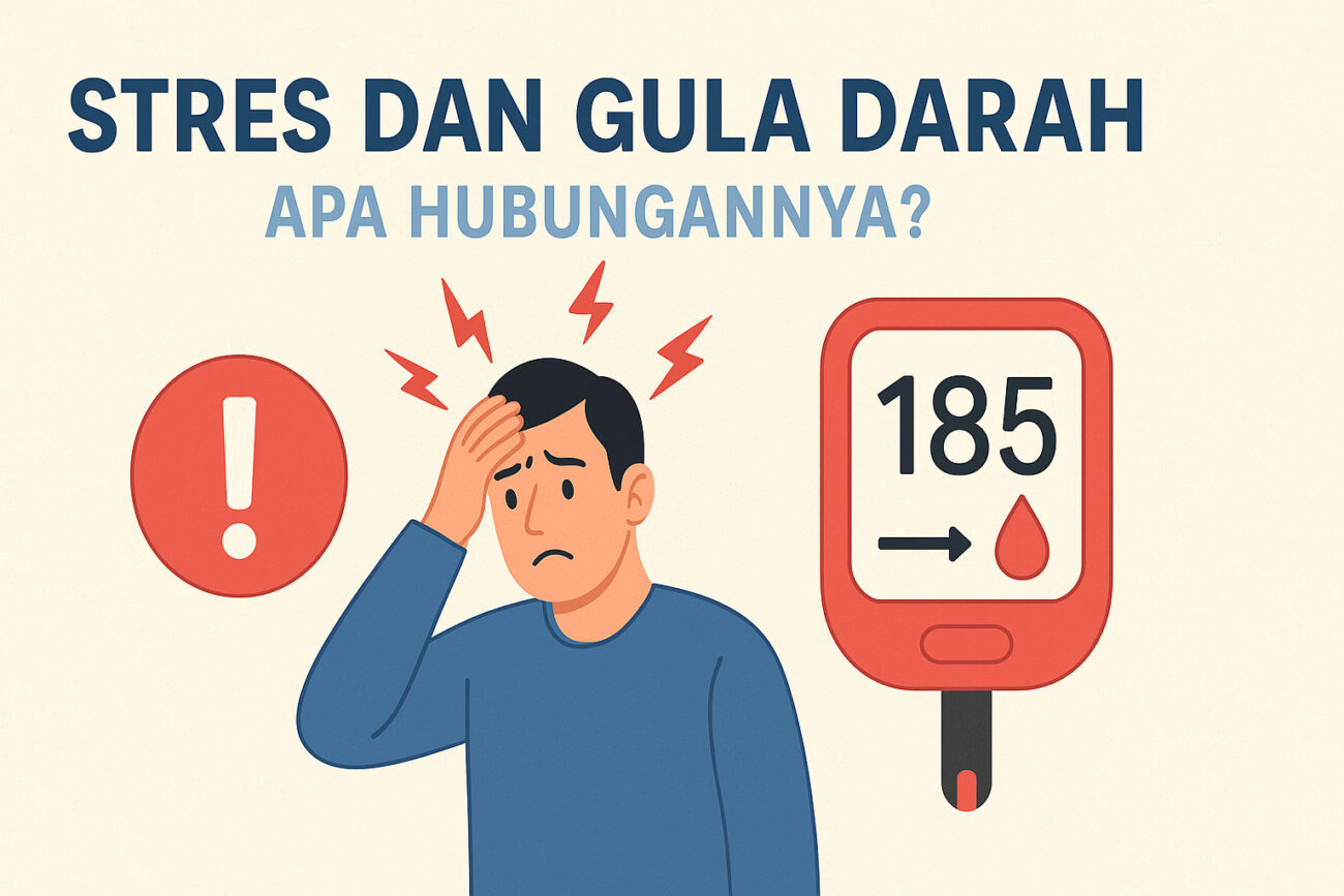 Ilustrasi pria stres dan alat cek gula darah tinggi.