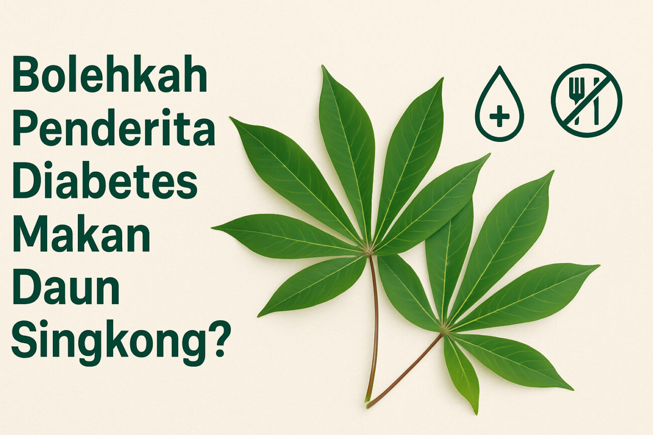 Ilustrasi daun singkong dan ikon diabetes.