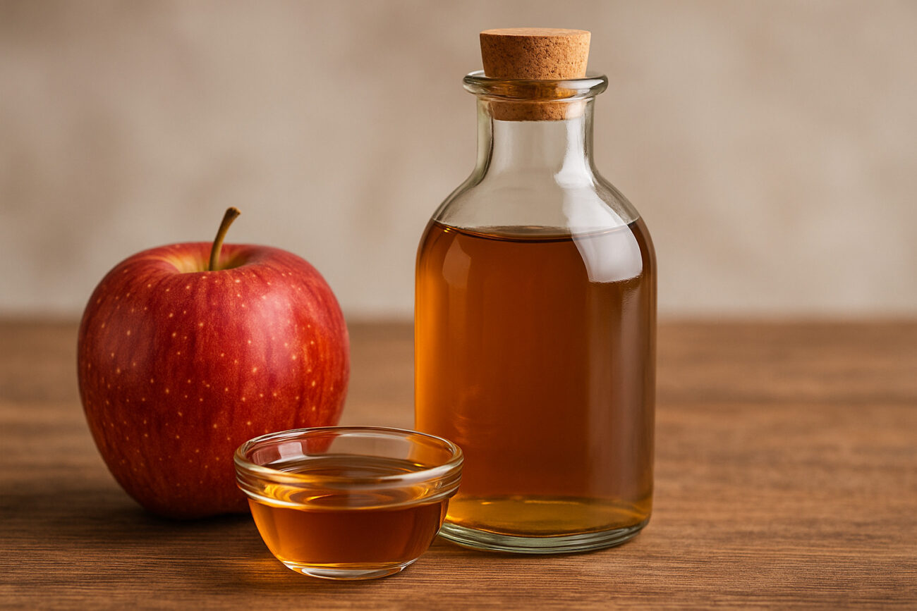 Botol cuka apel, apel merah, dan mangkuk kecil di atas meja kayu