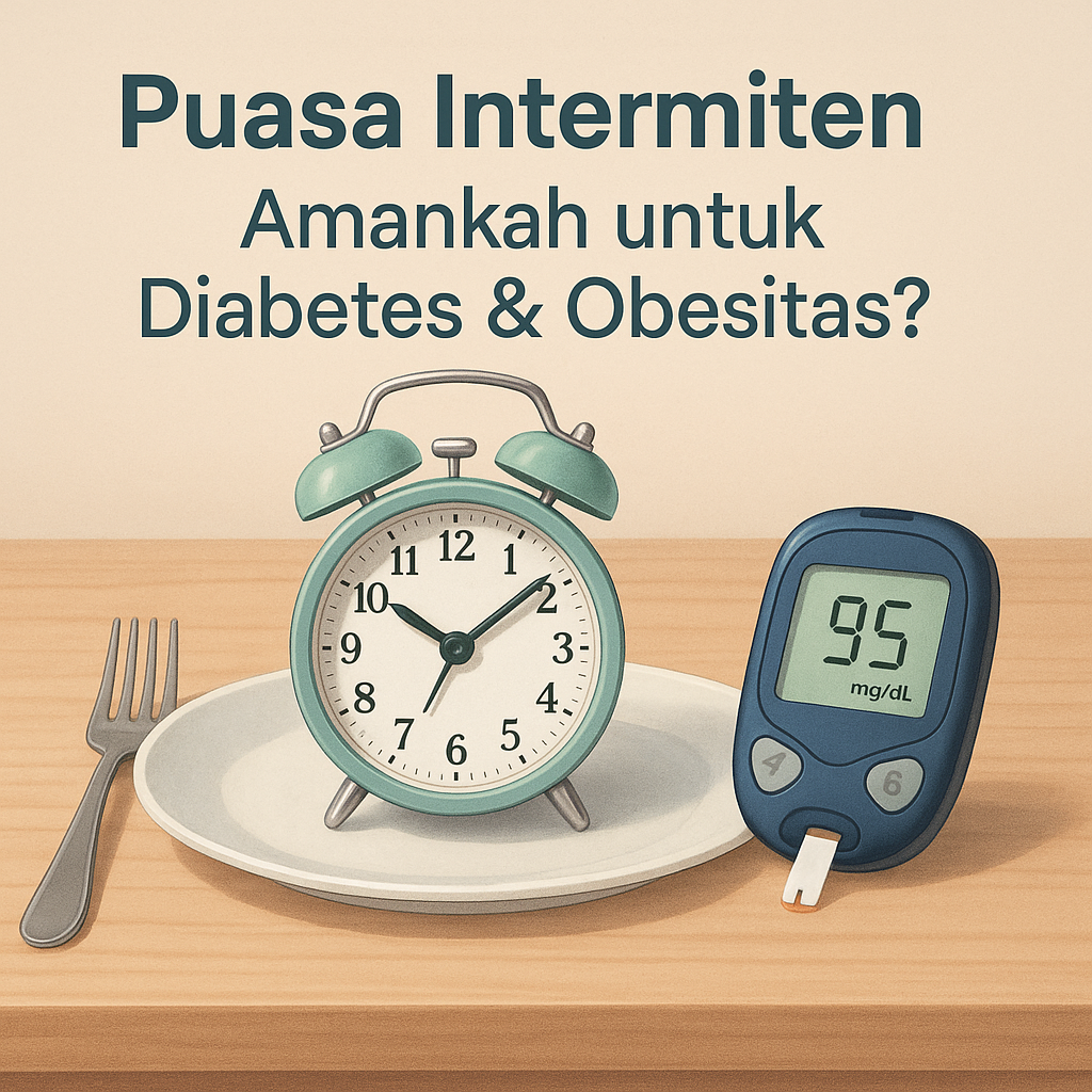 Ilustrasi jam alarm di atas piring dengan alat cek gula darah.