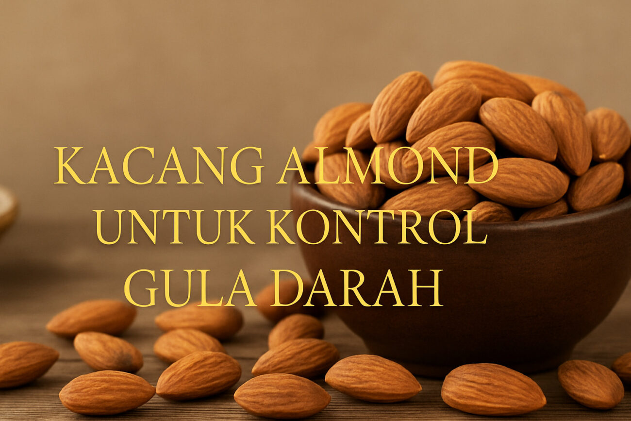 Mangkuk kayu berisi kacang almond dengan teks elegan warna emas di tengah.
